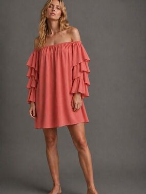 POSH SHOW FRIDAY 8:00 $7 PM Wayf Coral Off-Shoulder Ruffle-Sleeve Mini Dress